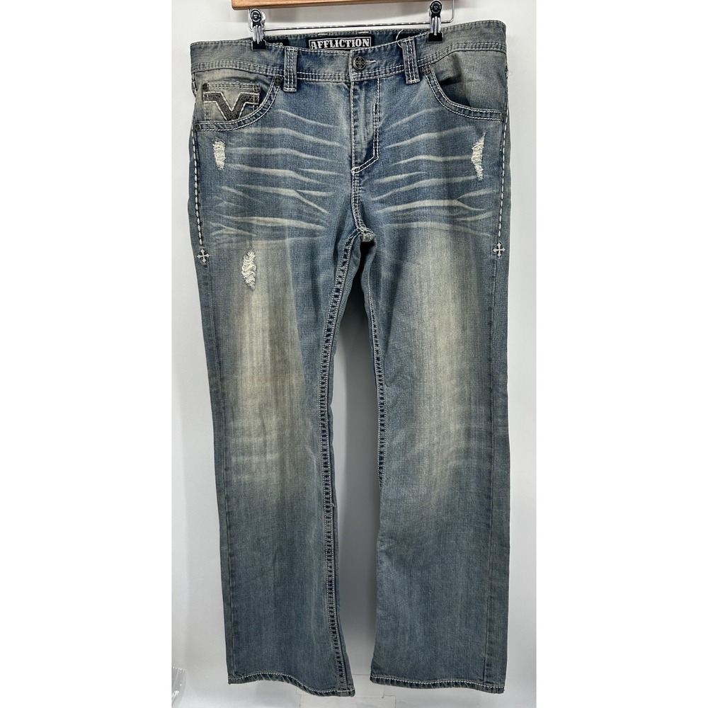 Affliction Cooper Distressed Straight Front Blue Denim Jenas Mens Size 36/33